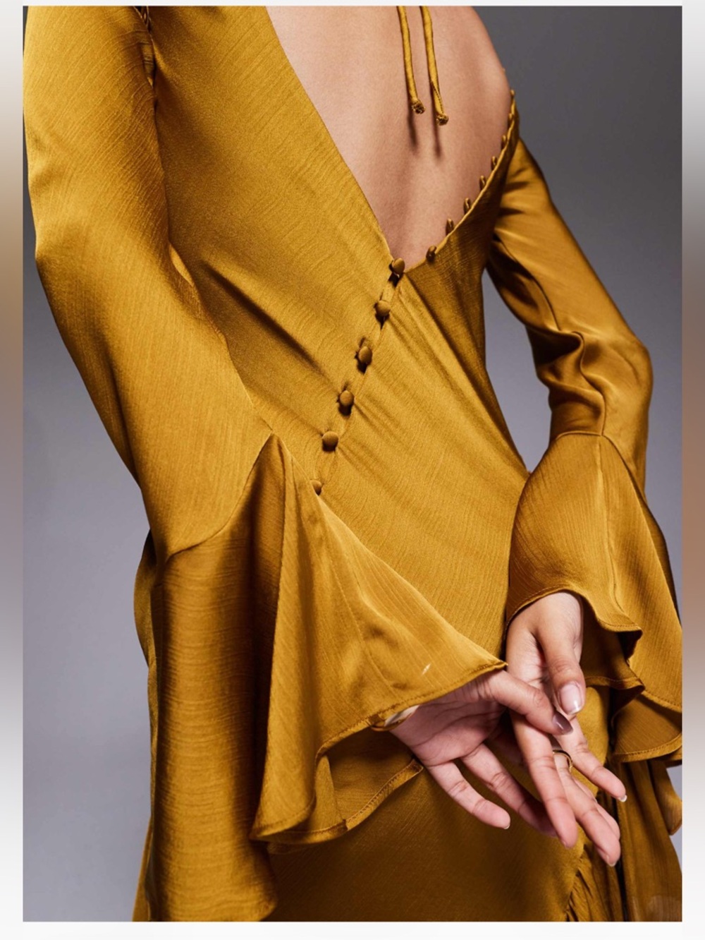 ASOS DESIGN
long sleeve ruffle maxi dress with open back in mustard - Picture 6 of 7